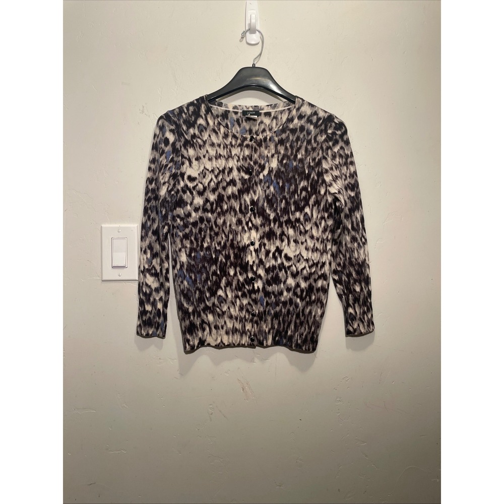 J.Crew Women Black Blue Watercolor Leopard 100% Merino Wool Tippi Cardigan Small
